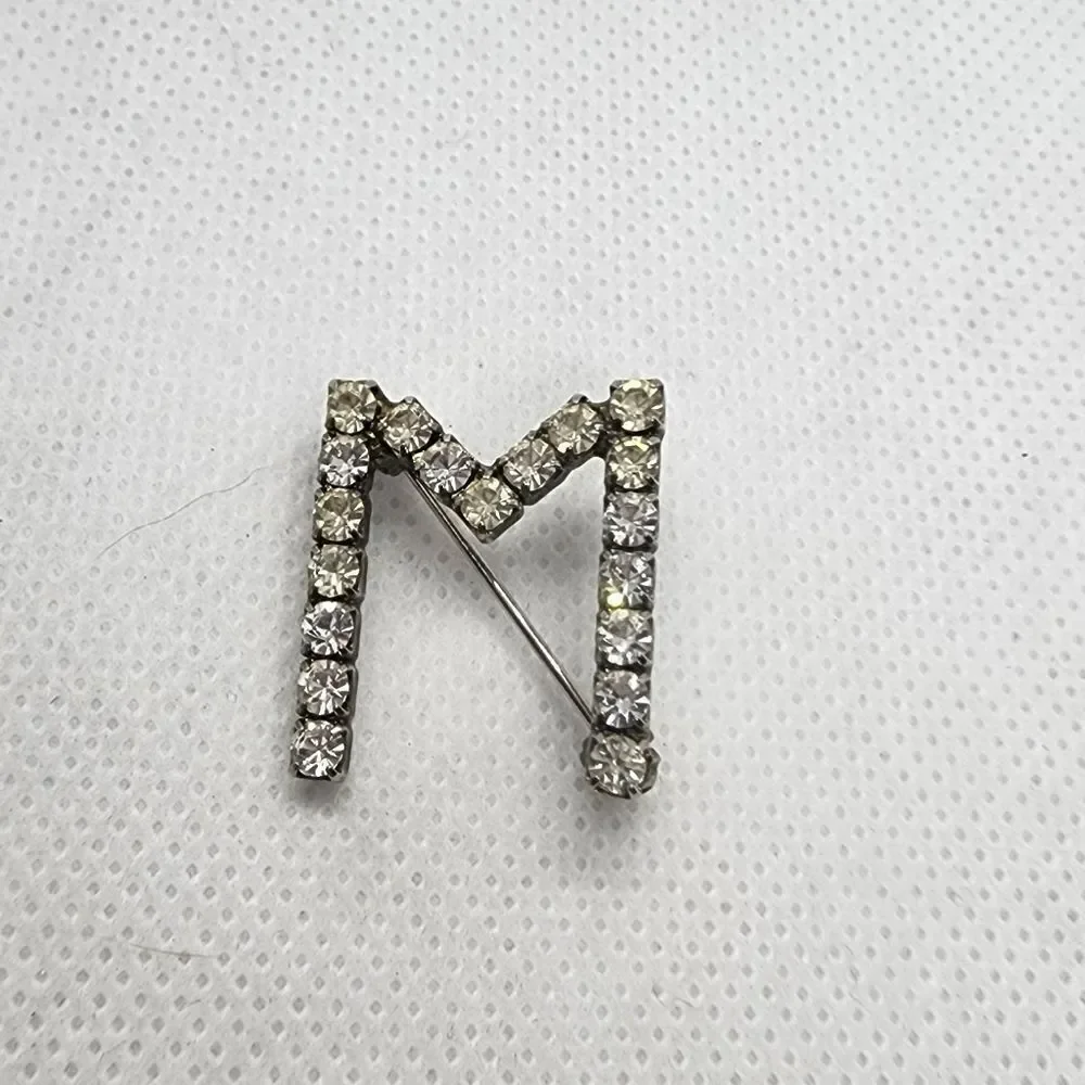 Vintage M Rhinestone Brooch
